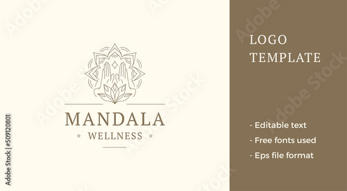 Harmony life balance palms practice yoga meditation mindfulness lotus bloom flower line logo vector