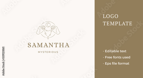 Esoteric human hands expensive magic gem jewelry necklace business line logo vector illustration