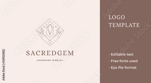 Gorgeous human open palm with bright gem jewelry expensive carat rhombus frame line logo vector