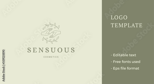 Minimalist connected human hands circle botanical leaves line logo business emblem vector