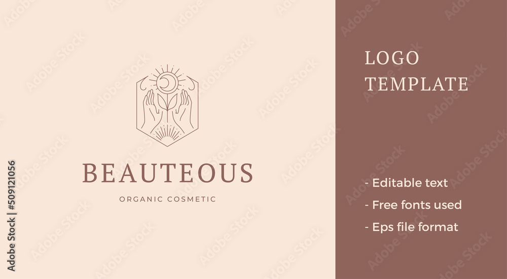 Fototapeta premium Meditative human hands esoteric blossom half moon sun flower geometric frame design line logo vector