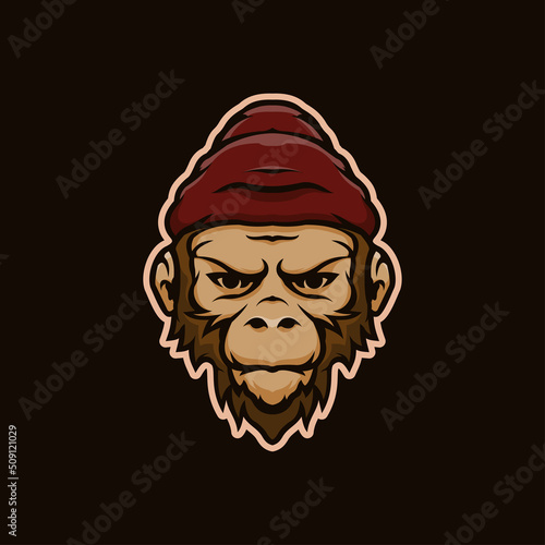 Monkey head with beanie cartoon premium mascot logo vector