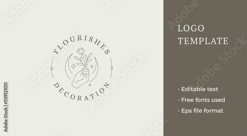 Elegant human hand wild flower blossom and half moon surrounded by shining stars line logo vector