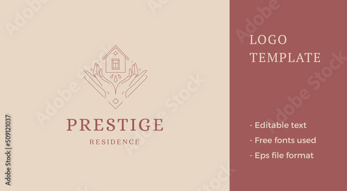 Esoteric human hands holding house dwelling decorative frame line logo vector illustration