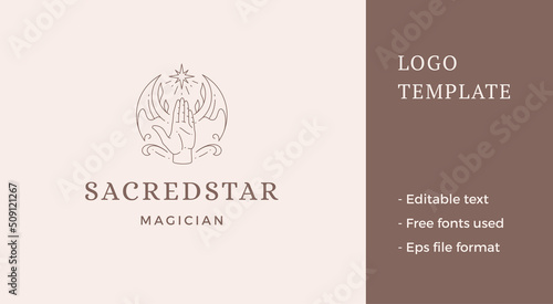 Magic hand open palm with half moon and bright shining star botany design line art logo vector