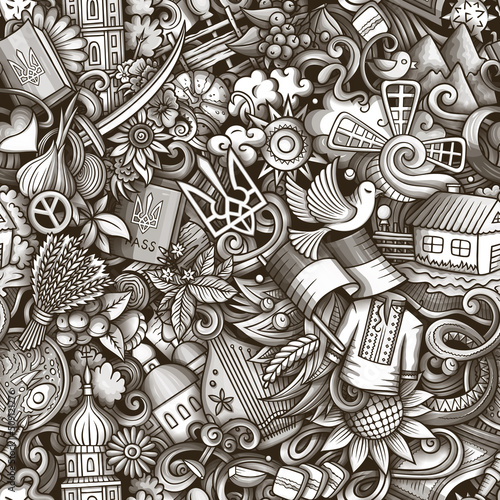 Cartoon doodles Ukraine seamless pattern