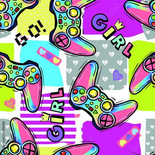 Seamless bright pattern with pink joysticks. gaming cool print for girls.  for textiles, sportswear, web
