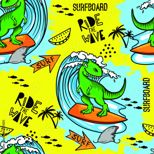 Bright cool seamless pattern with dinosaur on a surfboard. Summer background with t rex.For textile, kids wear, fabric and more
