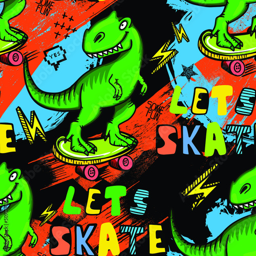 Bright cool seamless pattern with dinosaur on a skateboard. graffiti background with t rex.For textile  kids wear  fabric and more 