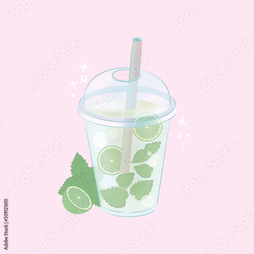 plastic glass with mojito. summer cocktail. Lime and mint. glass with a straw