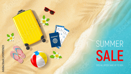Summer sale ad banner template. Flatlay banner with smartphone on sandy beach with tropical leaves and seashells. Vector 3d illustration for promotion of summer sale.
