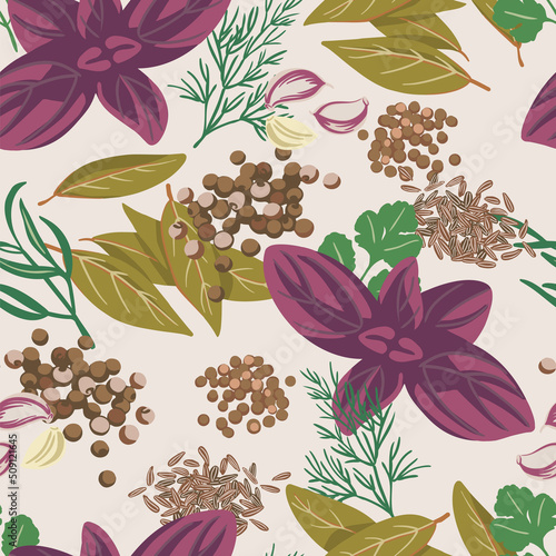 Seamless pattern Set of spices for Beef: Basil, , Garlic, Bay leaf, Allspice, Thyme, Caraway, Coriander, Tarragon. Top view. Flat style