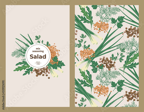 Label cover and seamless pattern seasoning for salads Allspice, Scallion, Fenugreek, Dill, Parsley, Arugula, Mustard. Flat style. Vector illustration