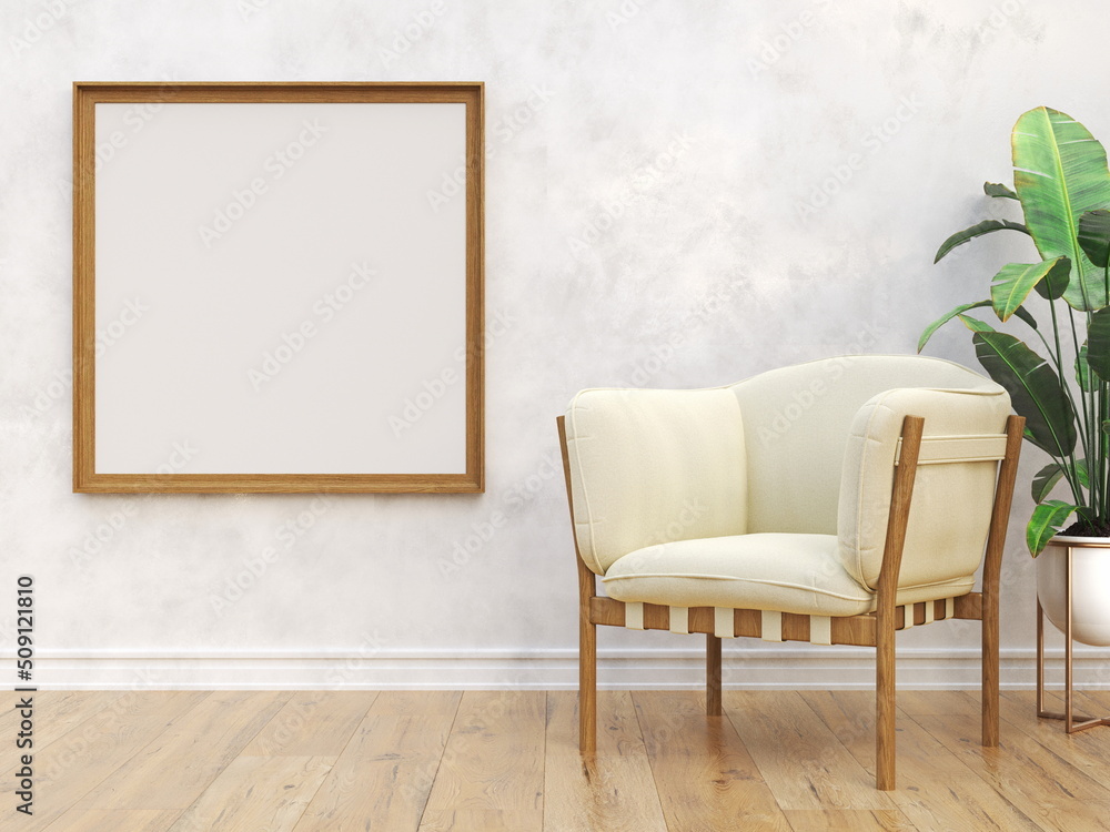 Mock up poster frames with armchair and big plant in modern interior Mock up poster frames with armchair and big plant in modern interior
