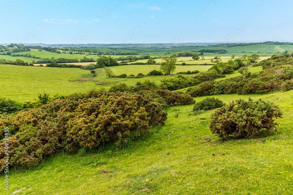 A view eastwards down the eastern ramparts at the Iron Age Hill fort remains at Burrough Hill in Leicestershire, UK in summertime