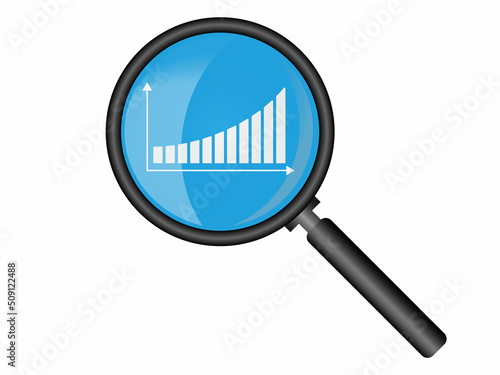 Business graph and statistics, finance chart through magnifier and glass. Chart magnification icon and report and research growth finance symbol. Search statistics and finance. Vector