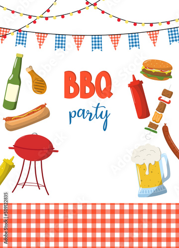 BBQ party invitation template. Summer Barbecue weekend flyer, banner, or poster. Grill illustration with food and drinks. Design template for card, poster, and announcement.