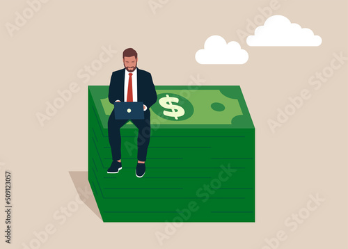 Happy entrepreneur working with computer laptop on stack of money bundle. High paying jobs or high salary career, excellent income and wages, make money online with computer.