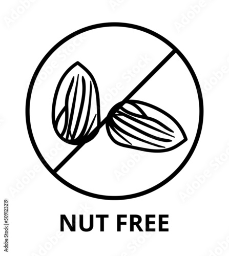 Vector black line or outline symbol or icon of nut free or nuts free label icon. Peanut and nut allergies, a common allergen. Food allergies, intolerances, allergen. Dietary concept, nut-free.