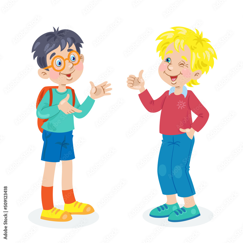 Two funny boys stand and talk. In cartoon style. Isolated on white background. Vector flat illustration. Two funny boys stand and talk. In cartoon style. Isolated on white background. Vector flat illustration.