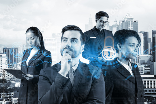 Photography Group of business colleagues as a part of multinational corporate team working on project to protect clients information at cybersecurity compliance division