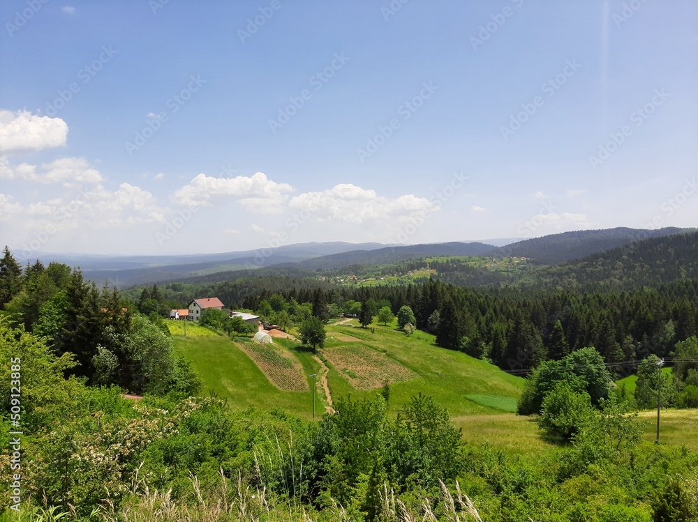 View of the valley of the mountains and villages on mountain Zvijezda, Bosnia and Herzegovina