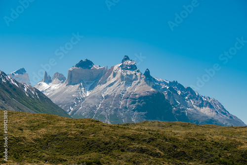 Guernos mountains with clear blue sky, Torres del Paine National Park  in Chile photo