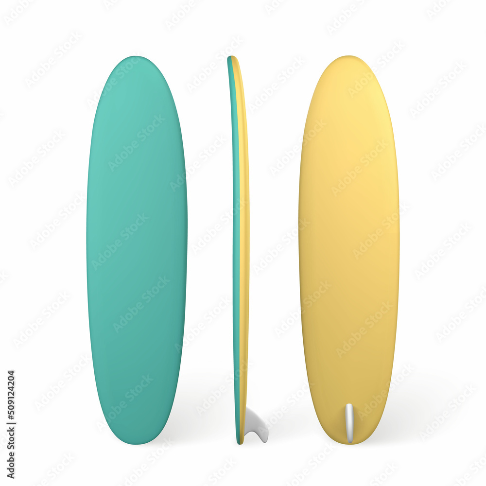 3D blue and yellow surf board. Realistic summer time symbol isolated on white background. Summertime object. Vector illustration 3D blue and yellow surf board. Realistic summer time symbol isolated on white background. Summertime object. Vector illustration