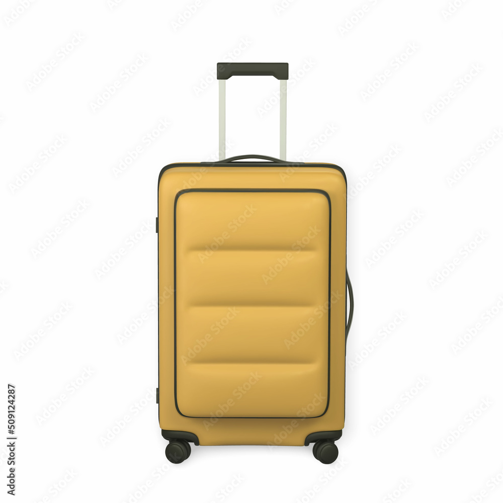 3D yellow travel trolley bag front wiev. Realistic plastic suitcase. Tourism symbol isolated on white background. Vector illustration 3D yellow travel trolley bag front wiev. Realistic plastic suitcase. Tourism symbol isolated on white background. Vector illustration