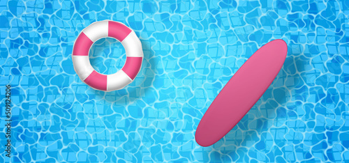 3D Swim ring and surf board on the blue water background. Top view summer time symbol on ocean, sea, pool background. Vector illustration