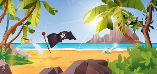 Rocky island with pirate flag and palm trees in the ocean. Bottle with paper message in it. Cartoon vector illustration