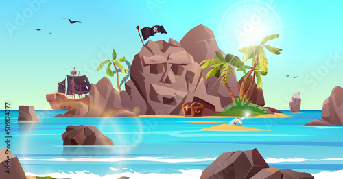 Rocky island with pirate flag and palm trees in the ocean. Bottle with paper message in it. Cartoon vector illustration