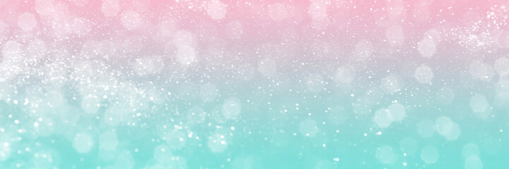 Pink and blue sparkling glitter bokeh background, banner texture. Abstract defocused lights header. Wide screen wallpaper. Panoramic web banner with copy space for design