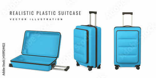 Set of 3D travel trolley bags. Realistic plastic suitcase. Tourism symbol isolated on white background. Vector illustration