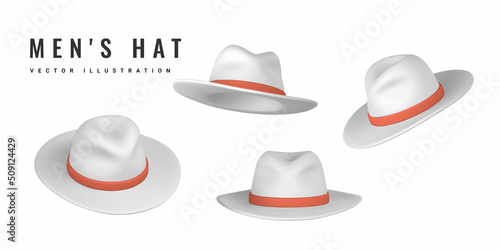 3D realistic white mens hat. Summer hat. Summertime object. Vector illustration