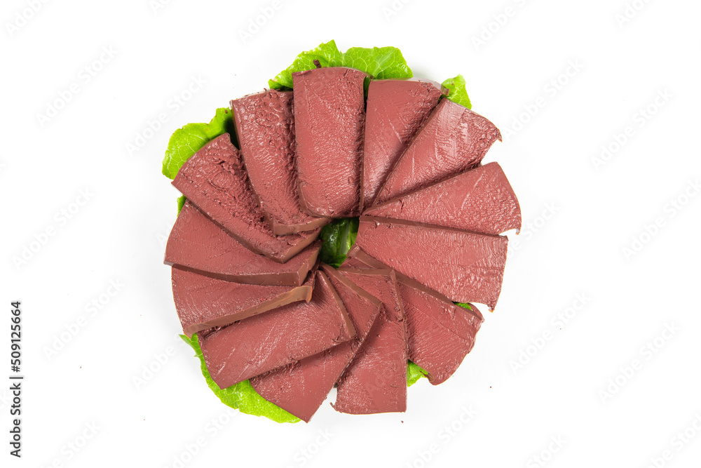 slice of coagulated duck blood isolated on white background slice of coagulated duck blood isolated on white background