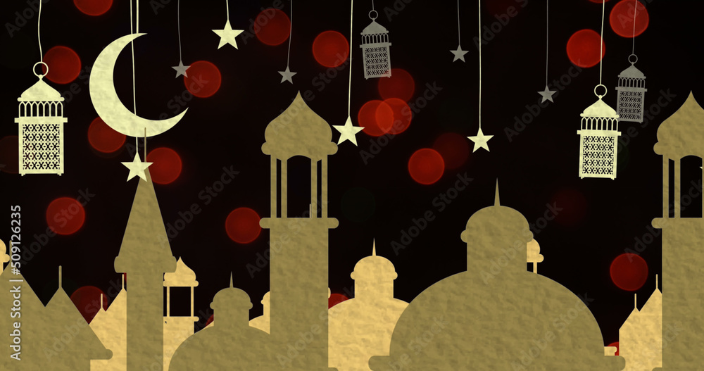 Obraz premium Moon, stars and lamps hanging against multiple mosque icons and red spots with copy space