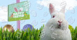 Composite image of easter eggs icons against easter bunny, green grass and easter eggs