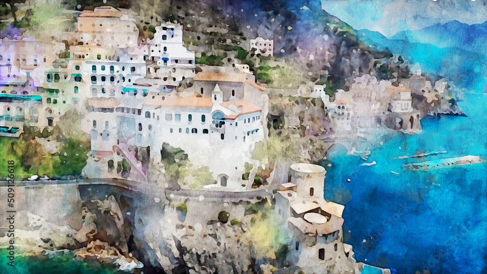 Italian marine landscape ancient city and mountains, watercolor art