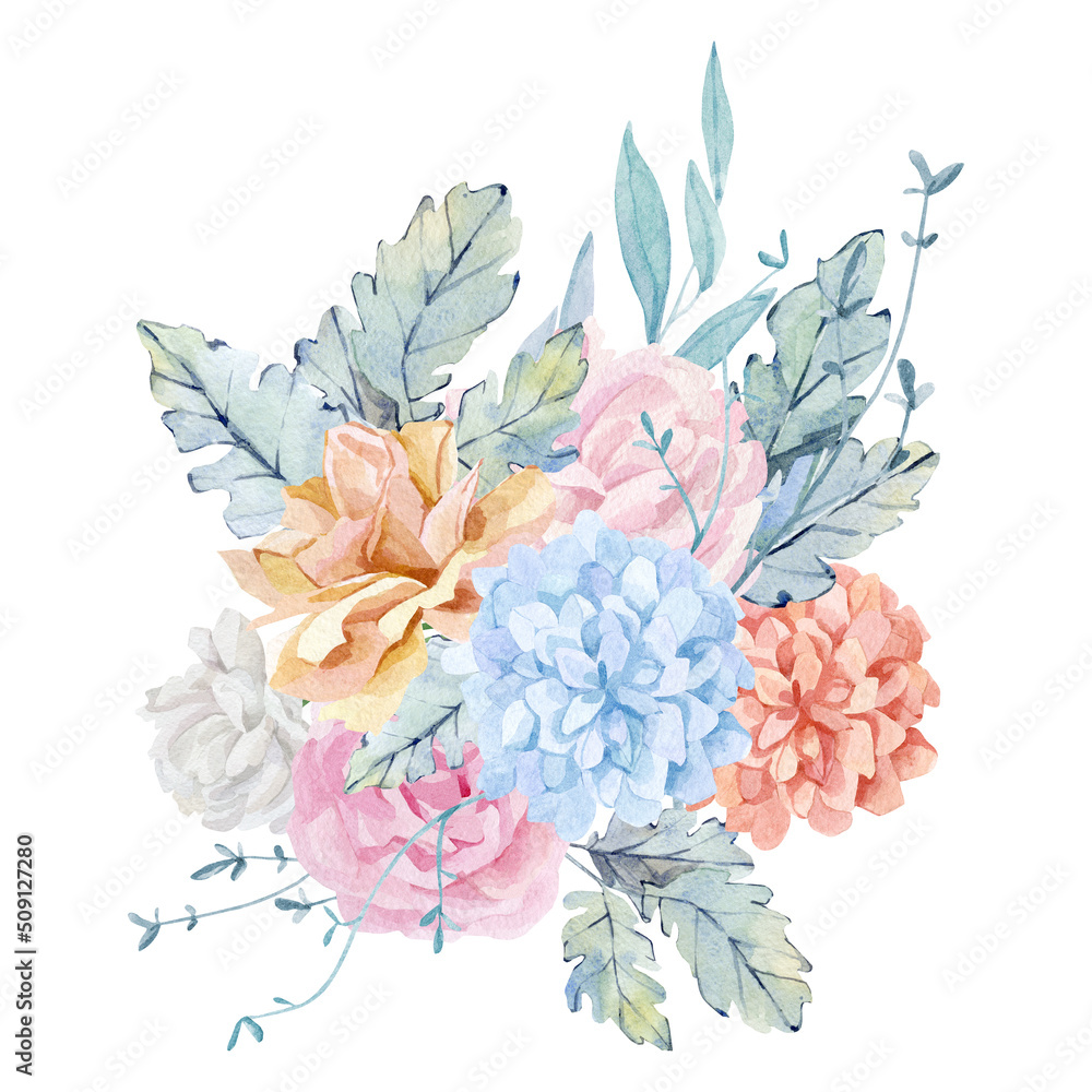 Watercolor pink roses, peach peony flowers bouquet blue branch, leaves ...