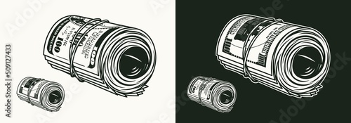 Monochrome money roll with front and reverse side of 100 dollar bills. Cash money. Vintage style. Detailed isolated vector illustration on dark and white background. Perspective side view