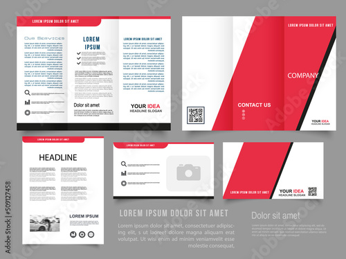 Collection of folded brochures, annual report, business card. For printing, A4 magazine cover