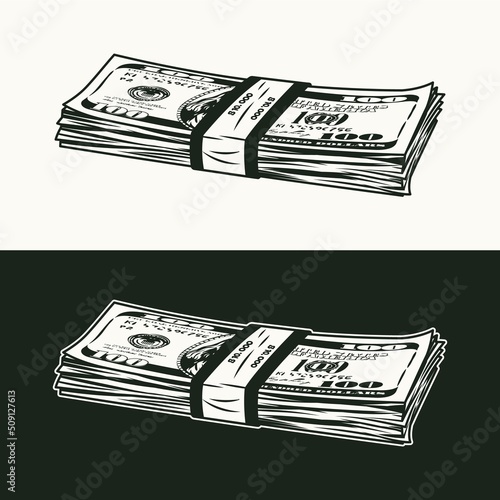 Lying wad of 100 dollar bills banded with a paper tape. Banknotes with front obverse side. Cash money. Vintage style. Monochrome detailed isolated vector illustration. Perspective side view photo