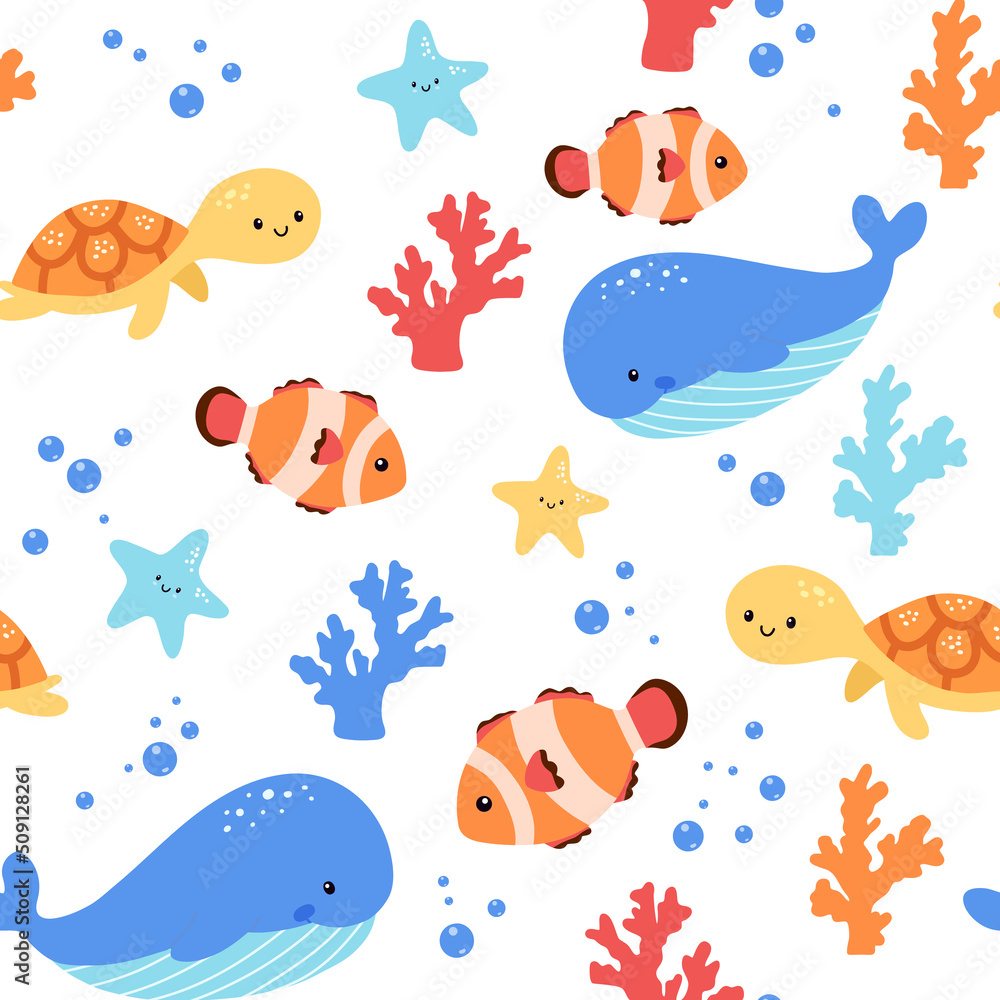 Childish seamless pattern with sea animals on white background. Cute marine underwater fauna with turtle, whale and clown fish. Endless design. Colorful flat cartoon vector characters