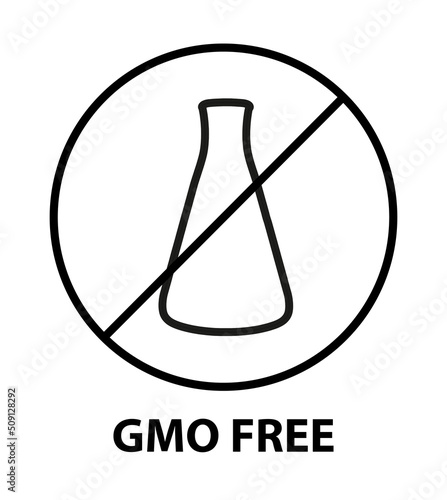 Vector black line or outline symbol or icon of GMO free label icon with flask isolated on white background. genetically modified ingredients, gmo-free food. Dietary concept, free from chemicals.