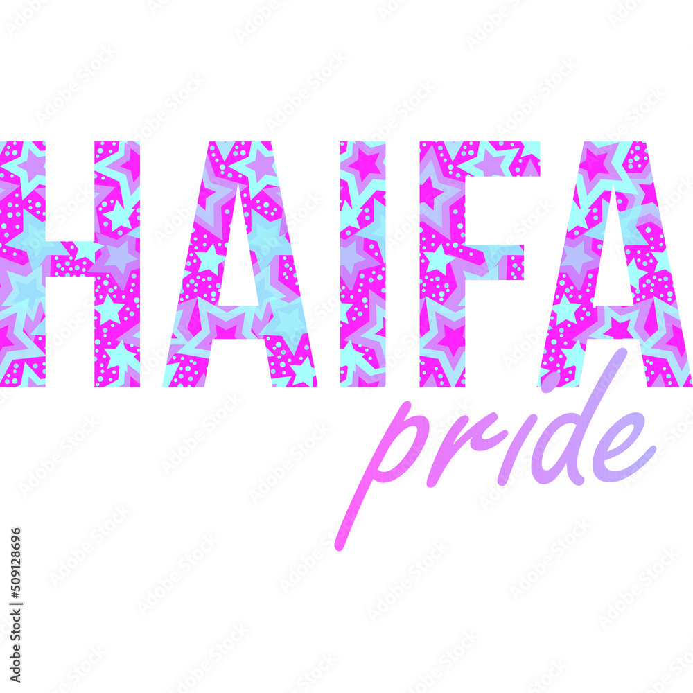 Israel city of Haifa isolated text filled with fancy stars pattern and gradient. Pride month concept Israel city of Haifa isolated text filled with fancy stars pattern and gradient. Pride month concept