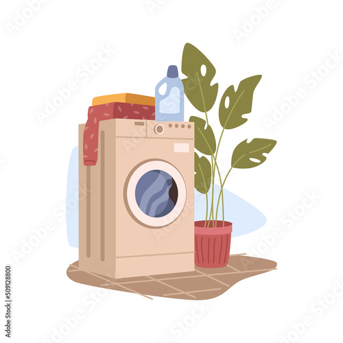 Flat cartoon laundry room interior with washing machine and plant in flower pot. Vector illustration of washer with cleaning liquid bottle, towels to wash. Modern bathroom equipment, appliance