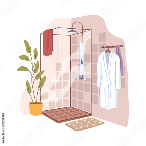 Glass shower cabin, flat cartoon bathroom interior design. Vector illustration of bath cabinet, white home gown on rack, plant in pot decoration, towel hanging on door, carpet on floor