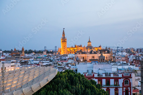 Seville view from Metropol Parasol. Setas de Sevilla best view of the city of Seville, Andalusia, Spain by night.
