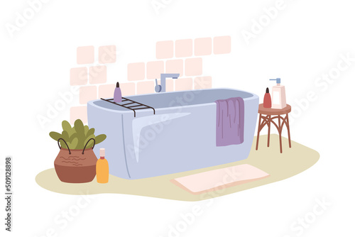 Clean bathroom with bathtub and accessories in flat cartoon style. Vector illustration of modern bath interior, plant in pot, towel and carpet on floor. Washing and cleaning shampoos, faucet